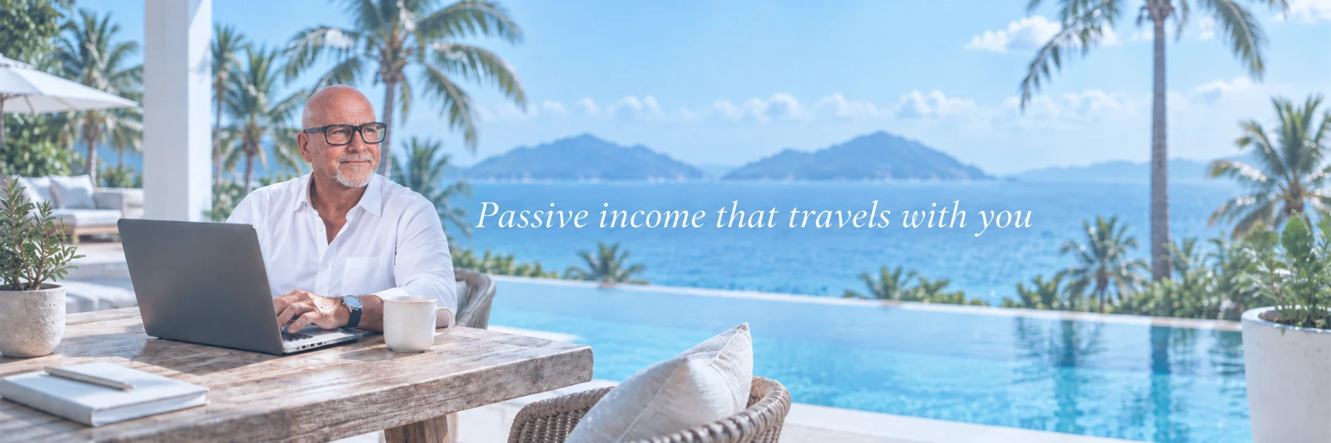 Passive income that travels with you — a laptop and coffee on a table beside a tropical infinity pool and ocean view